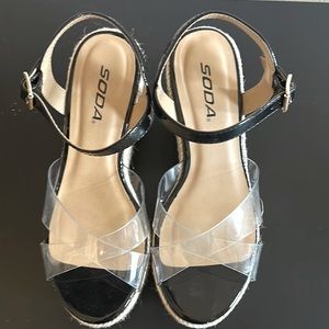 Black espadrille platform sandal with clear top straps 6m